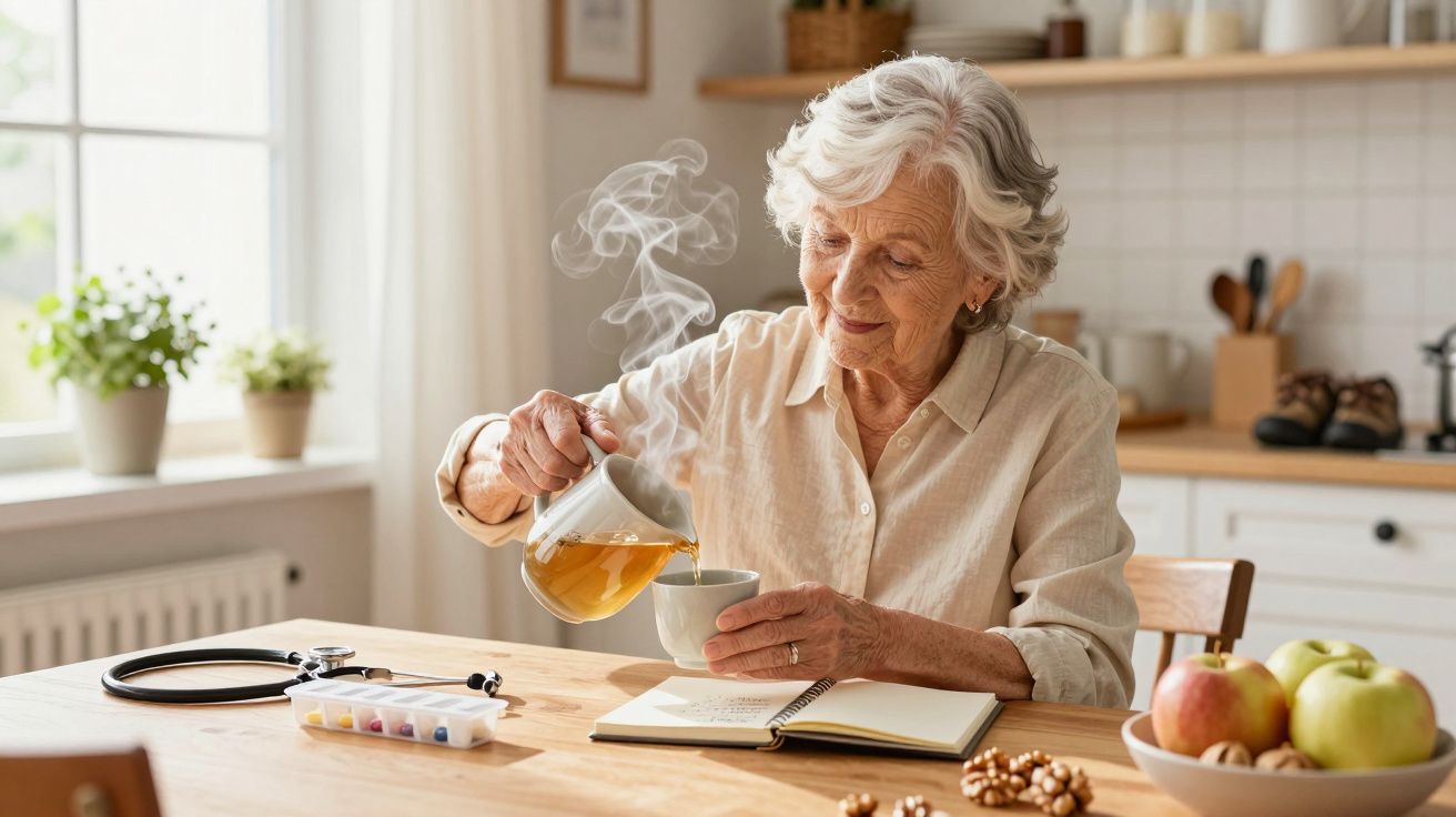 Starsza kobieta nalewa herbatę do filiżanki przy stole w kuchni. Obok leżą notes, jabłka i orzechy.