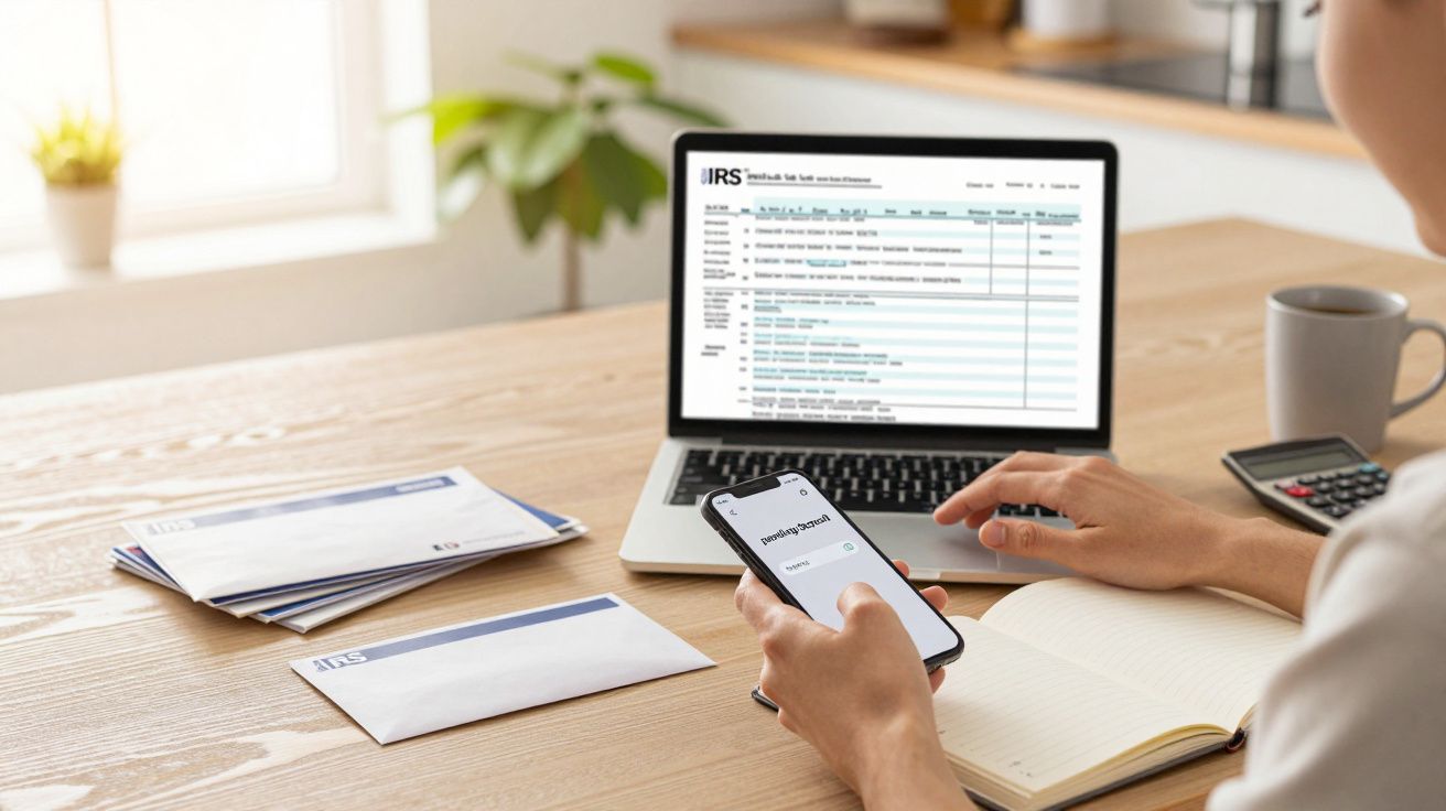 Osoba korzystająca z laptopa i telefonu przy biurku z dokumentami podatkowymi i kubkiem kawy.