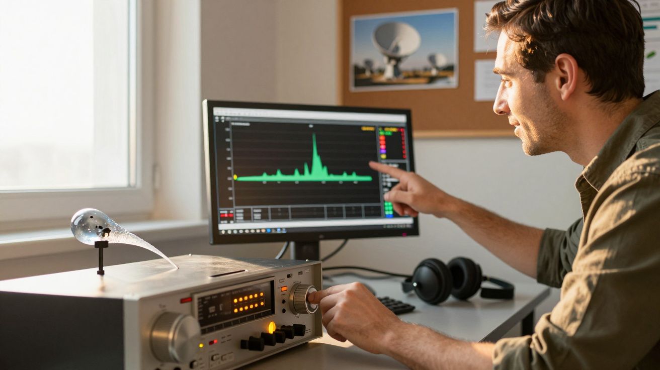 Mężczyzna analizujący dane na monitorze przy użyciu sprzętu audio w biurze.