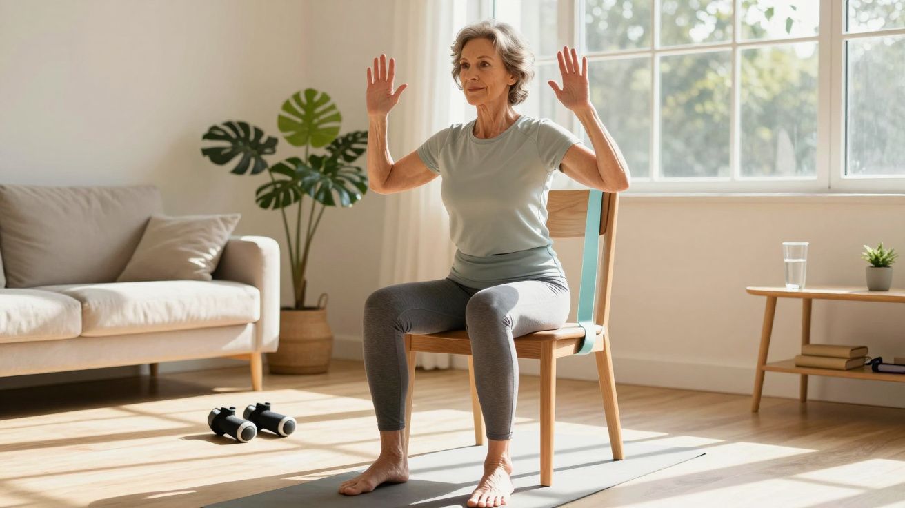 Starsza kobieta ćwicząca na krześle w jasnym salonie, unosząca ręce, mata do jogi i hantle w tle.