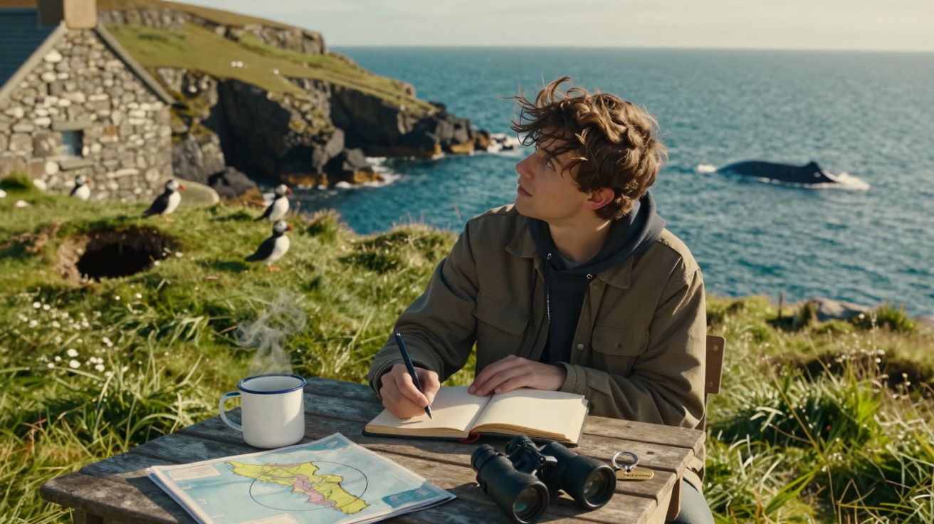 Młody mężczyzna pisze w notatniku przy stole z mapą i lornetką, siedząc na klifie z widokiem na ocean.