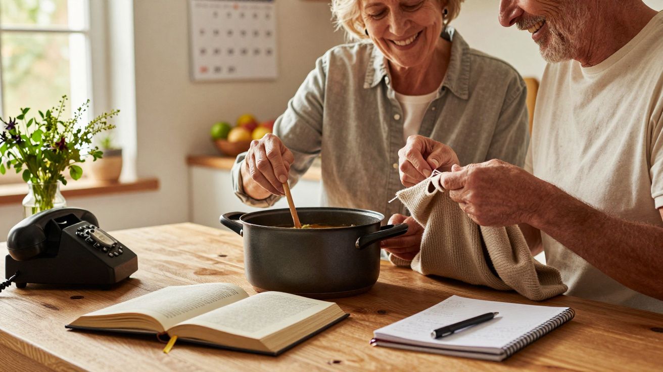 Starsza para gotująca razem w kuchni, jedna osoba miesza w garnku, druga trzyma ściereczkę.