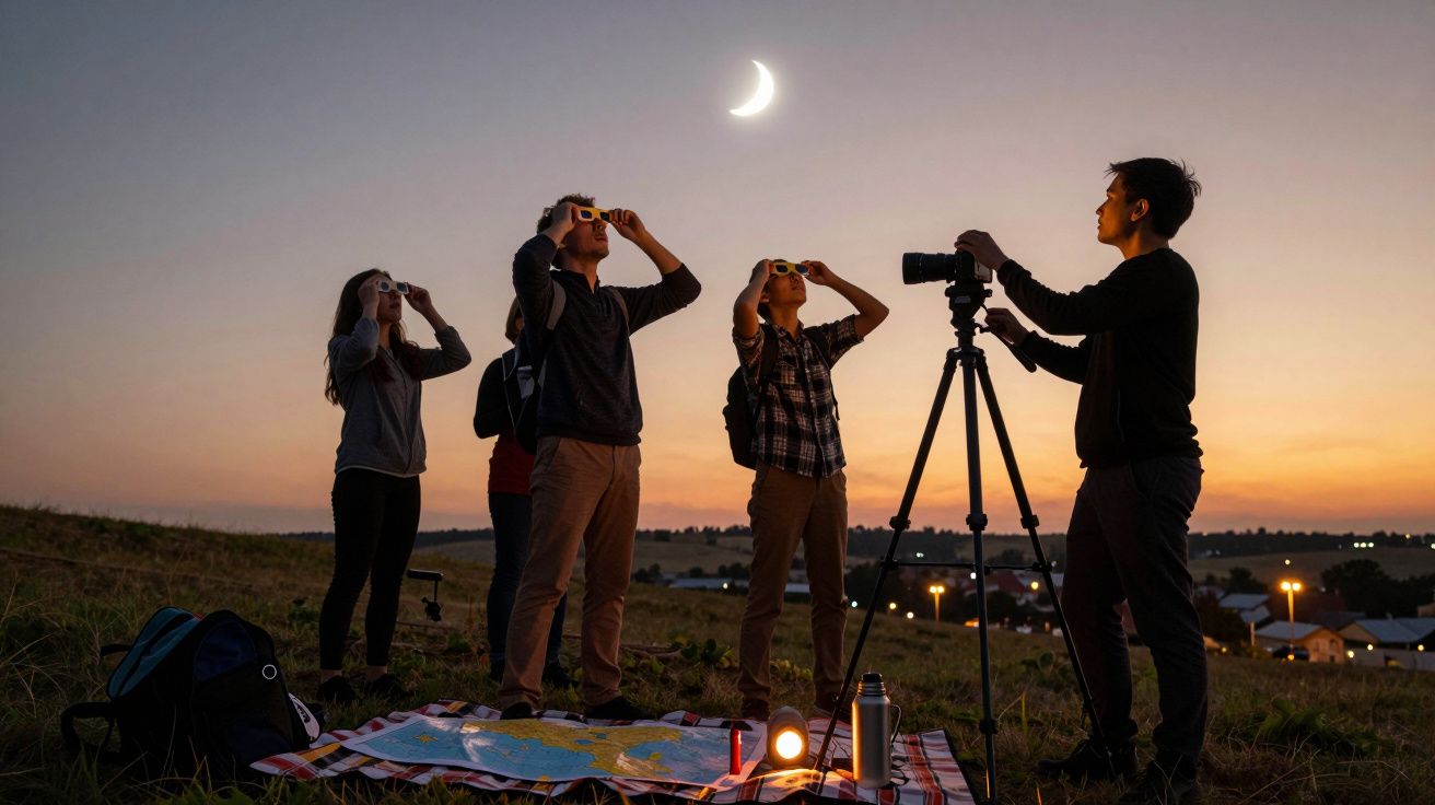 Grupa ludzi obserwuje niebo przez okulary, aparat na statywie, wieczór na wzgórzu, widoczny księżyc.