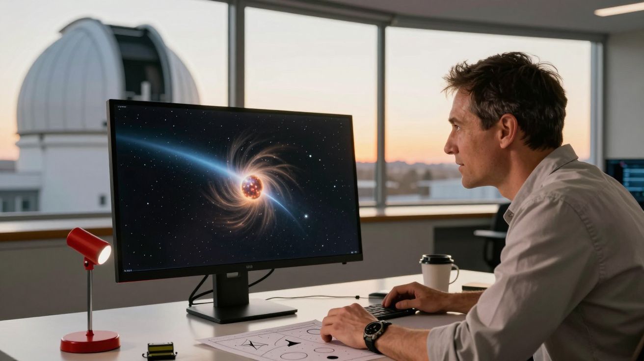 Mężczyzna przy biurku obserwuje grafikę z czarną dziurą na monitorze; w tle widoczna kopuła obserwatorium.