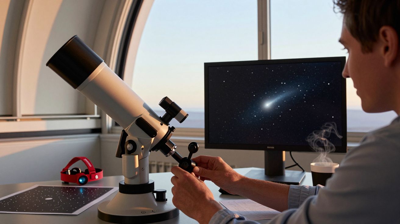 Mężczyzna przy teleskopie w obserwatorium patrzy na monitor z obrazem galaktyki. Na biurku leży mapa nieba.