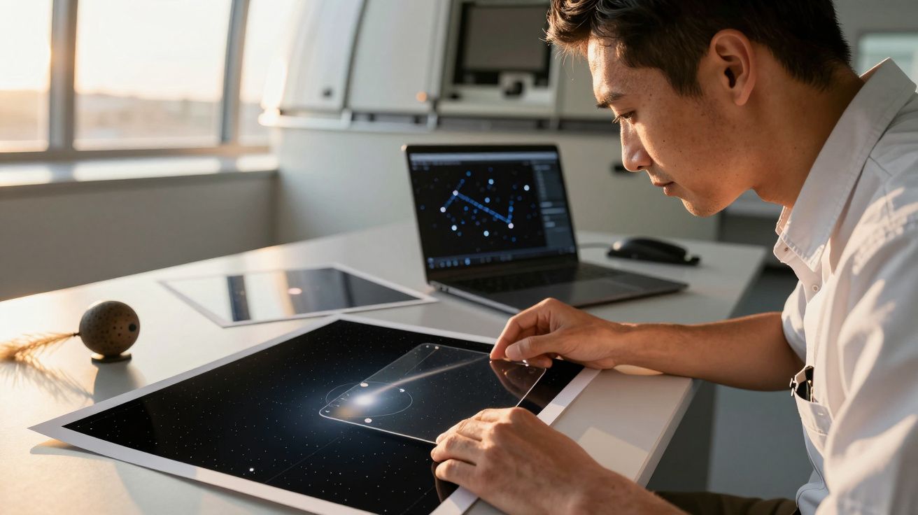 Mężczyzna analizuje mapę gwiezdną na tablecie, obok laptop z podobnym obrazem, w jasnym nowoczesnym biurze.
