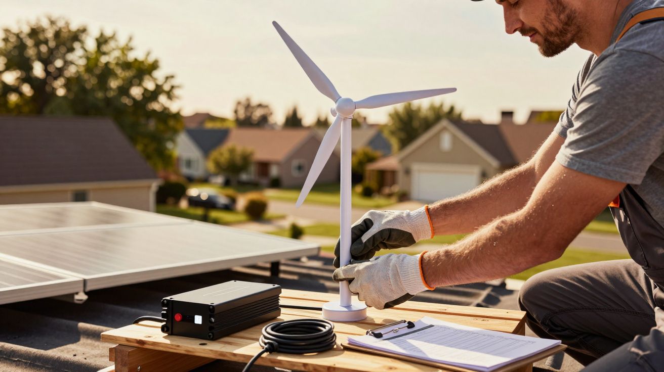 Mężczyzna montuje model turbiny wiatrowej na dachu z panelami słonecznymi w tle, na osiedlu domków jednorodzinnych.