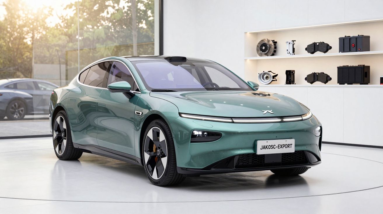 Zielony, nowoczesny samochód elektryczny w salonie wystawowym, z zaokrąglonymi liniami i futurystycznym designem.