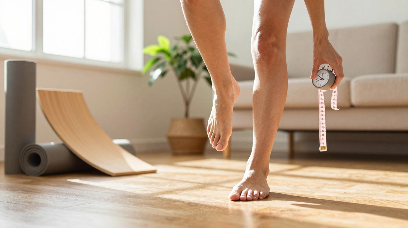 Osoba balansująca na jednej nodze, trzymająca stoper i miarkę w jasnym pokoju z matą do ćwiczeń.