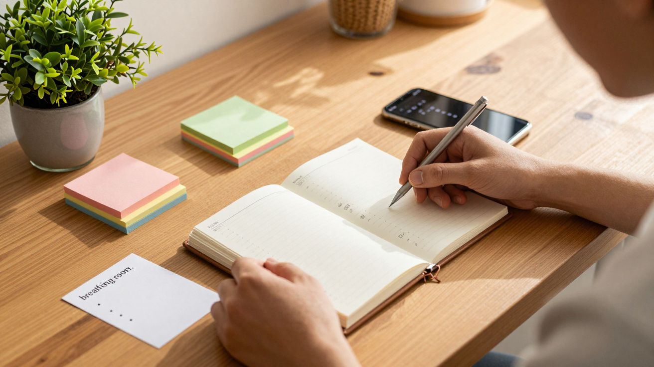 Osoba pisząca w notesie na drewnianym biurku z telefonem, kolorowymi karteczkami i rośliną w tle.