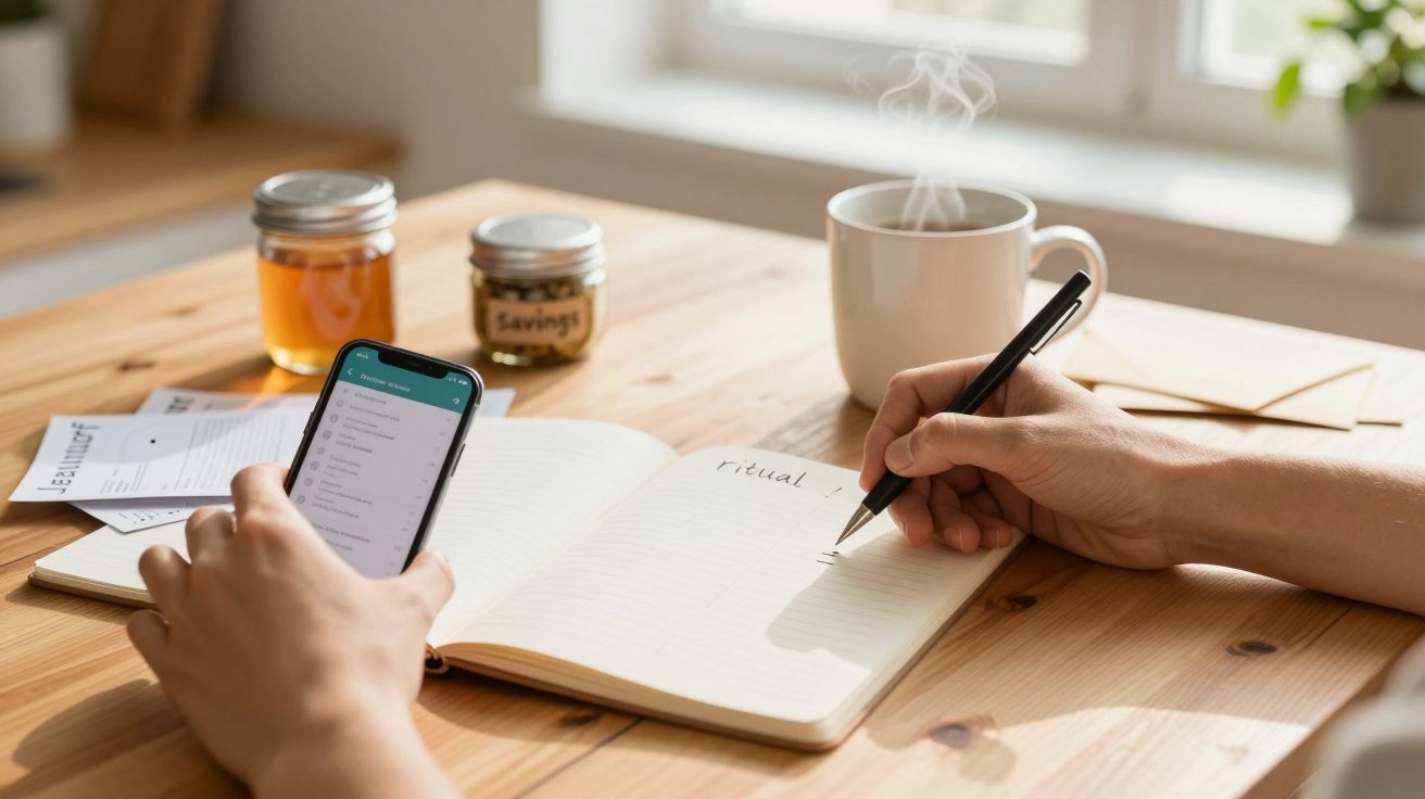 Osoba pisze w notesie przy stole, obok filiżanka kawy i słoiki, trzyma telefon.