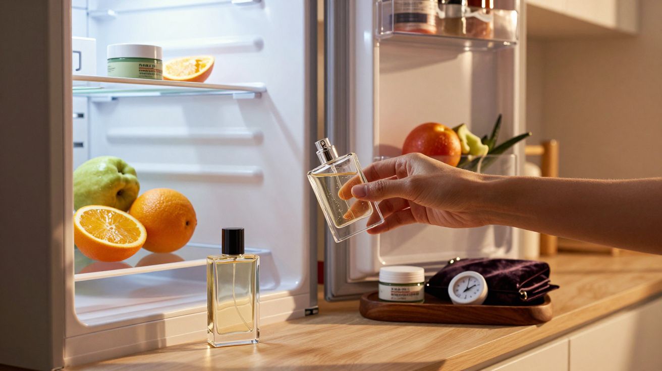 Ręka trzyma flakonik przed otwartą lodówką z cytrusami. Na blacie perfumy i kosmetyki.