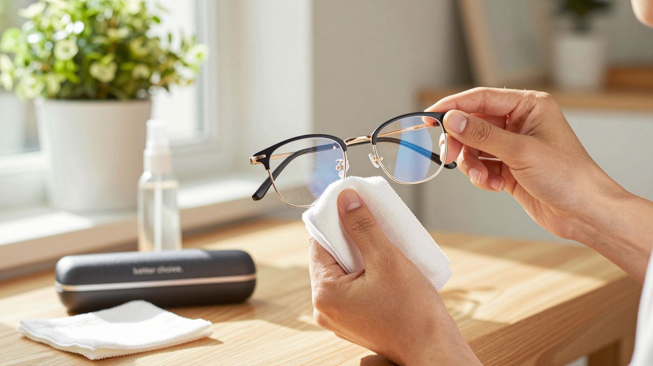 Osoba czyści okulary ściereczką, obok stoją etui i butelka ze sprayem na drewnianym blacie.