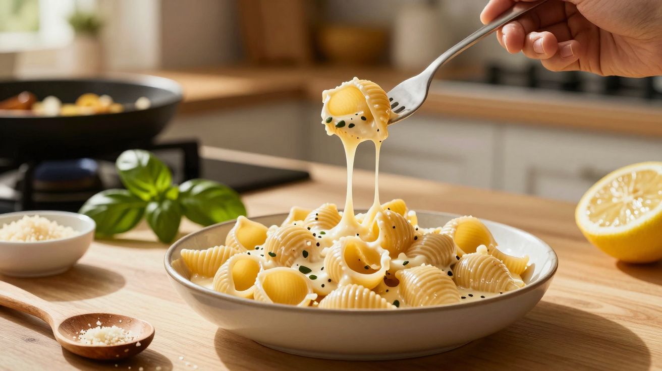 Muszle makaronowe z serem i szczypiorkiem na widelcu, na tle kuchni, obok świeża bazylia i cytryna.