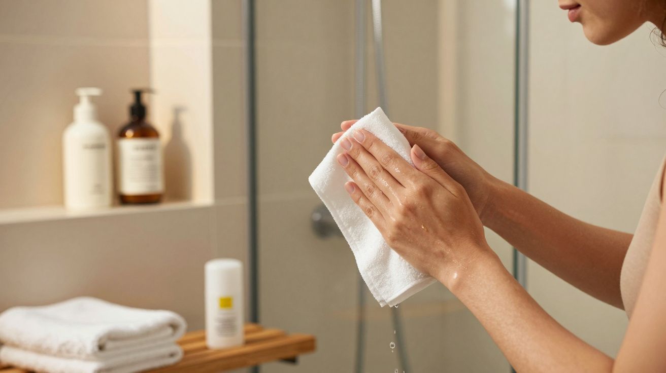 Osoba w łazience wyciera ręce białym ręcznikiem, w tle pojemniki z kosmetykami.