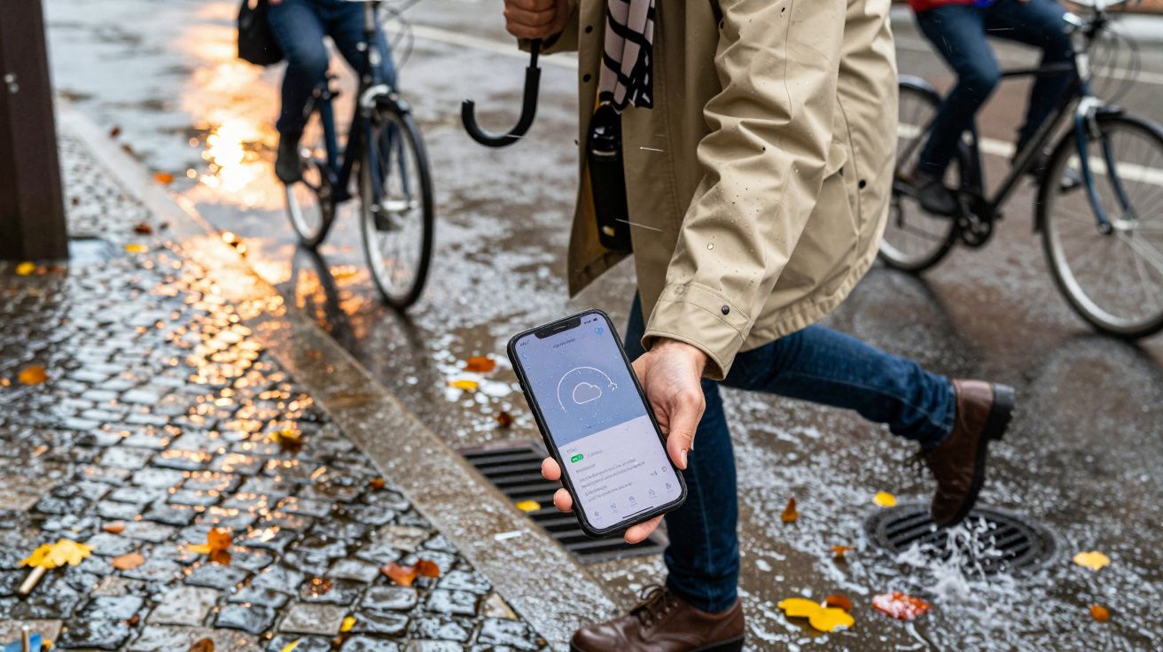 Osoba idzie po mokrym chodniku z telefonem w ręku, na ekranie widoczna aplikacja pogodowa, obok przejeżdża rowerzysta.