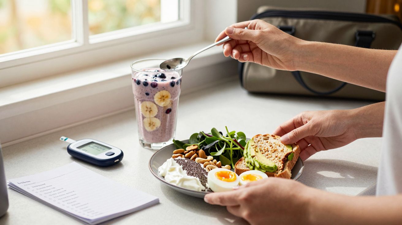 Osoba przygotowująca zdrowe śniadanie: jajka na miękko, awokado, szpinak, smoothie z bananem, glukometr obok.