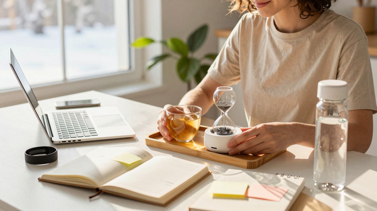 Osoba przy biurku z laptopem, trzyma filiżankę herbaty i klepsydrę na tacy, obok otwarty notes i butelka wody.