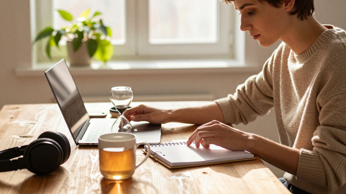 Osoba przy biurku pracuje na laptopie, obok leży notes, słuchawki i kubek herbaty. W tle widać roślinę i okno.
