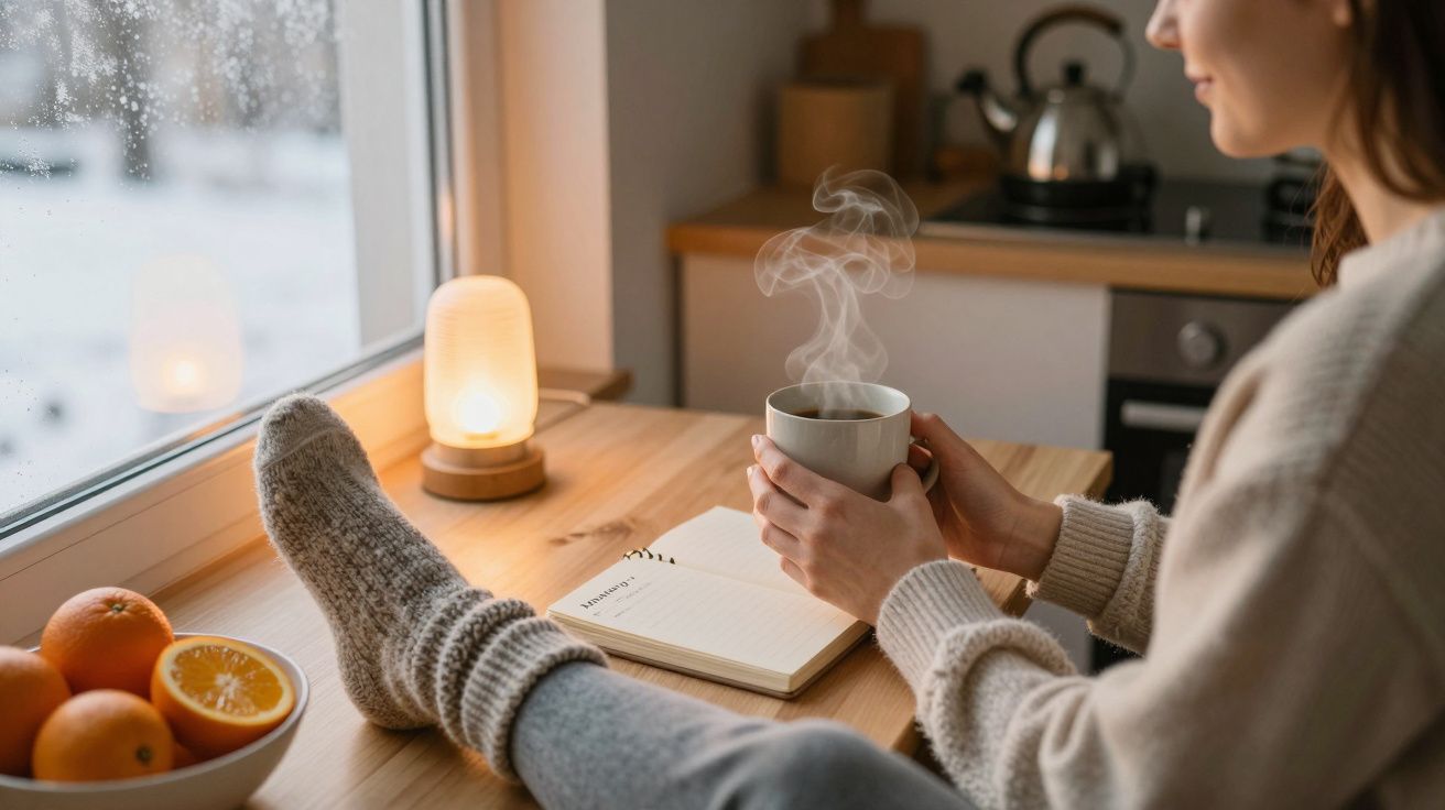 Osoba siedzi przy oknie z kubkiem gorącego napoju, notesem i pomarańczami, zimowy widok za oknem.