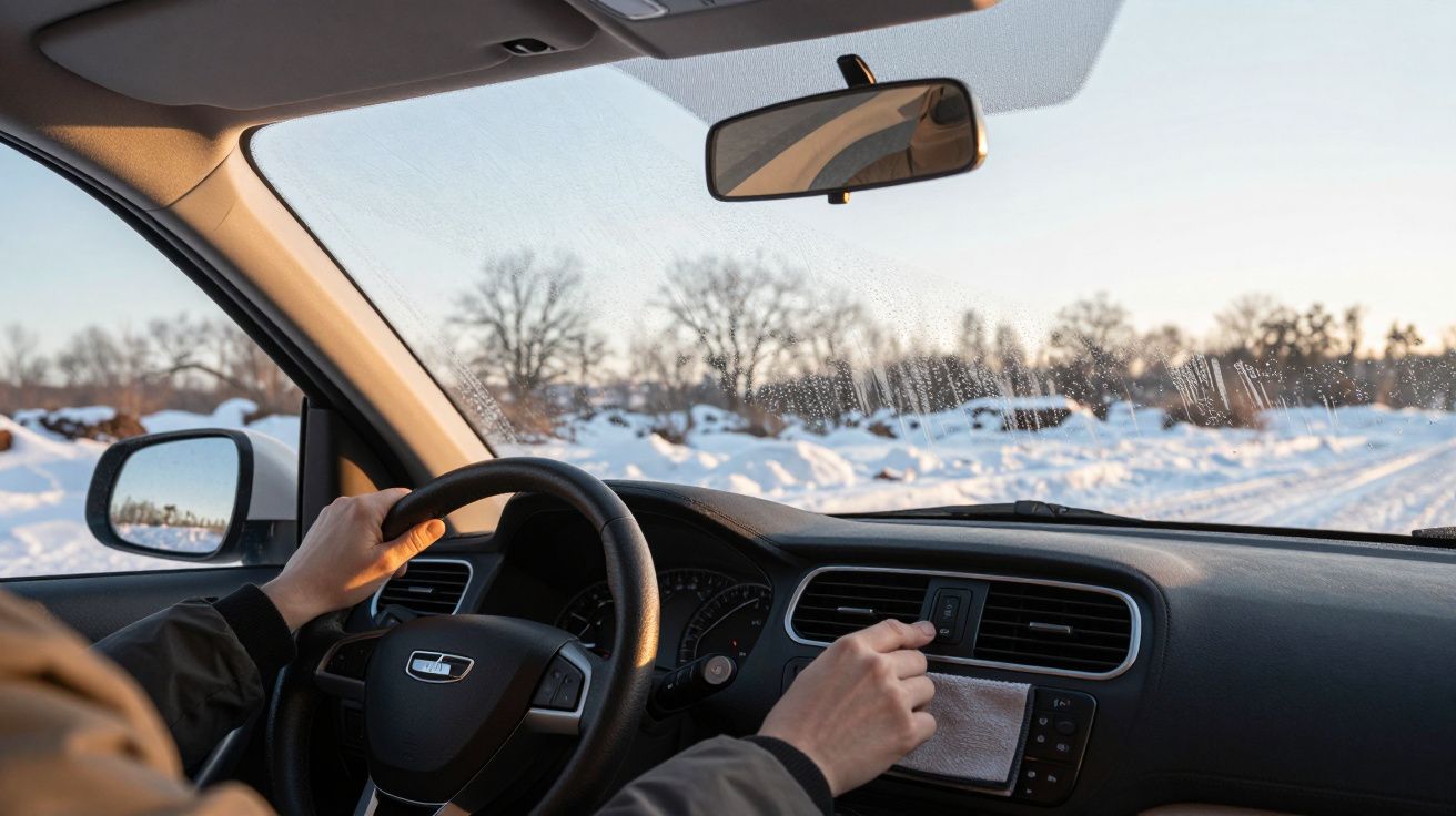 Osoba prowadząca samochód zimą, przód auta, za oknem śnieżny krajobraz, ręka reguluje ogrzewanie.