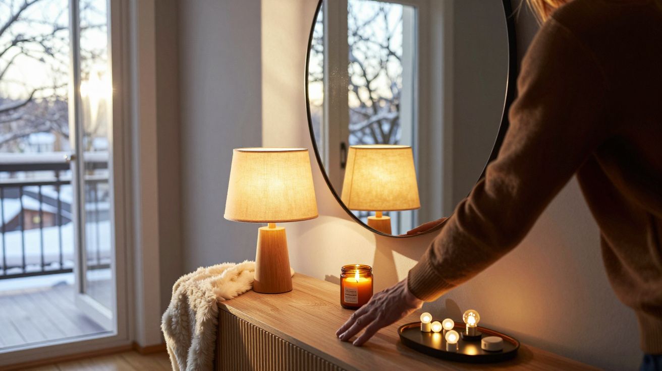 Osoba przy stole z lampką, świecą i lustrem, za oknem balkon i zimowy krajobraz.