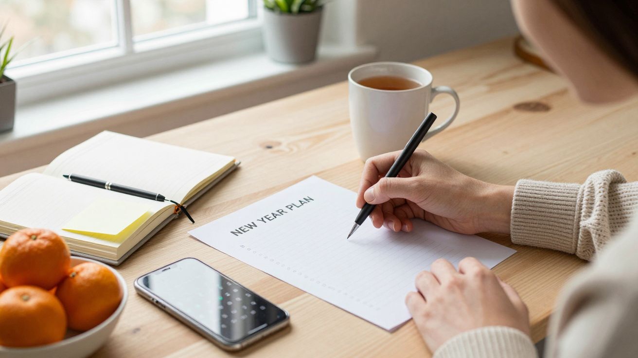 Osoba pisze plan noworoczny przy biurku z notatnikiem, telefonem i kubkiem herbaty obok.