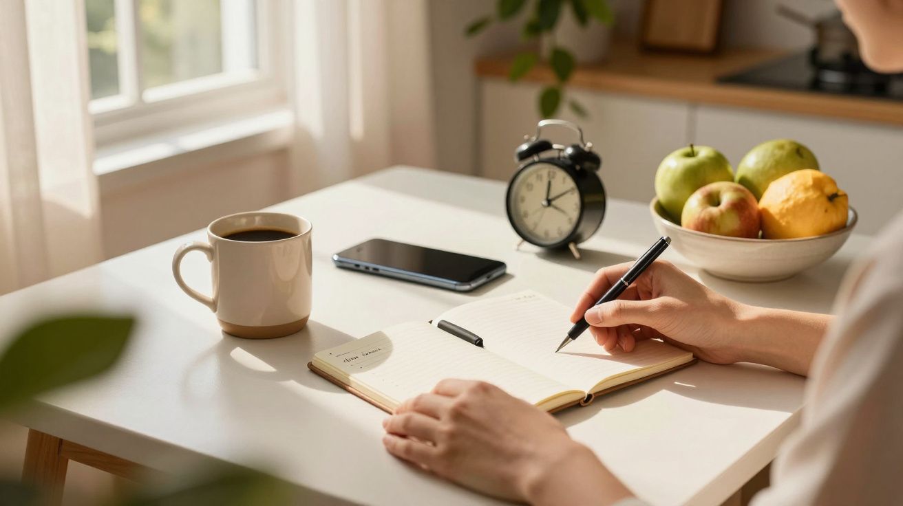 Osoba pisząca w notatniku przy stole, obok filiżanka kawy, telefon, zegar i misa owoców.