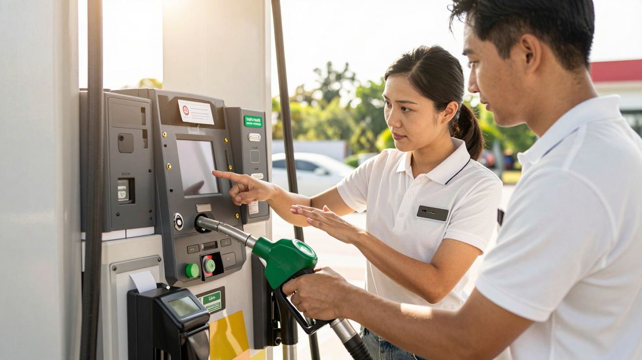 Para młodych ludzi korzysta z automatu na stacji benzynowej, jeden trzyma pistolet do tankowania, drugi wskazuje na ekran.