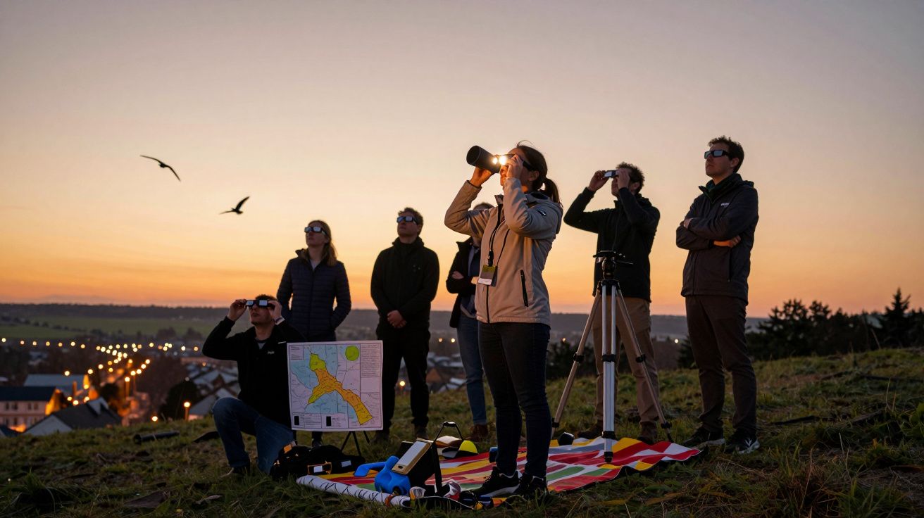 Grupa ludzi na wzgórzu obserwująca ptaki przy zachodzie słońca, z lornetką i mapą w tle.