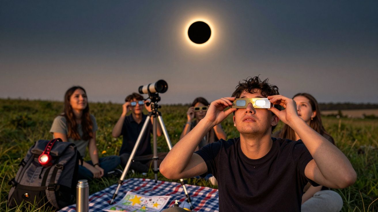 Grupa młodych ludzi ogląda zaćmienie Słońca na łące, używając specjalnych okularów i teleskopu.