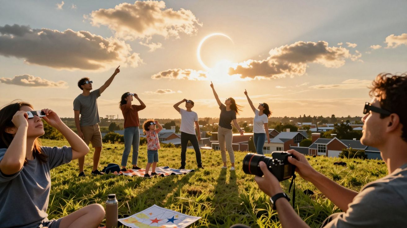 Grupa ludzi obserwuje zaćmienie słońca na łące przy pomocy okularów ochronnych i aparatu fotograficznego.