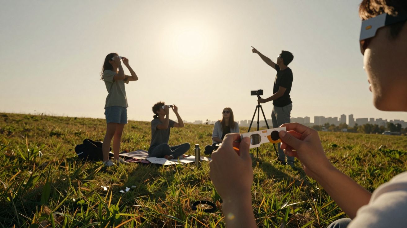 Grupa ludzi obserwująca zaćmienie słońca na łące, używając specjalnych okularów ochronnych.