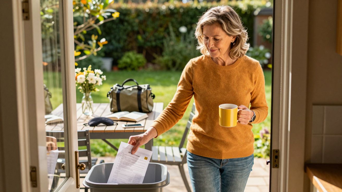 Kobieta w pomarańczowym swetrze wyrzuca dokument do kosza, trzymając żółty kubek, na tle zielonego ogrodu.