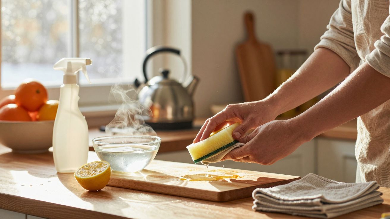 Osoba myjąca deskę do krojenia z użyciem gąbki, cytryny i wody w słonecznej kuchni.