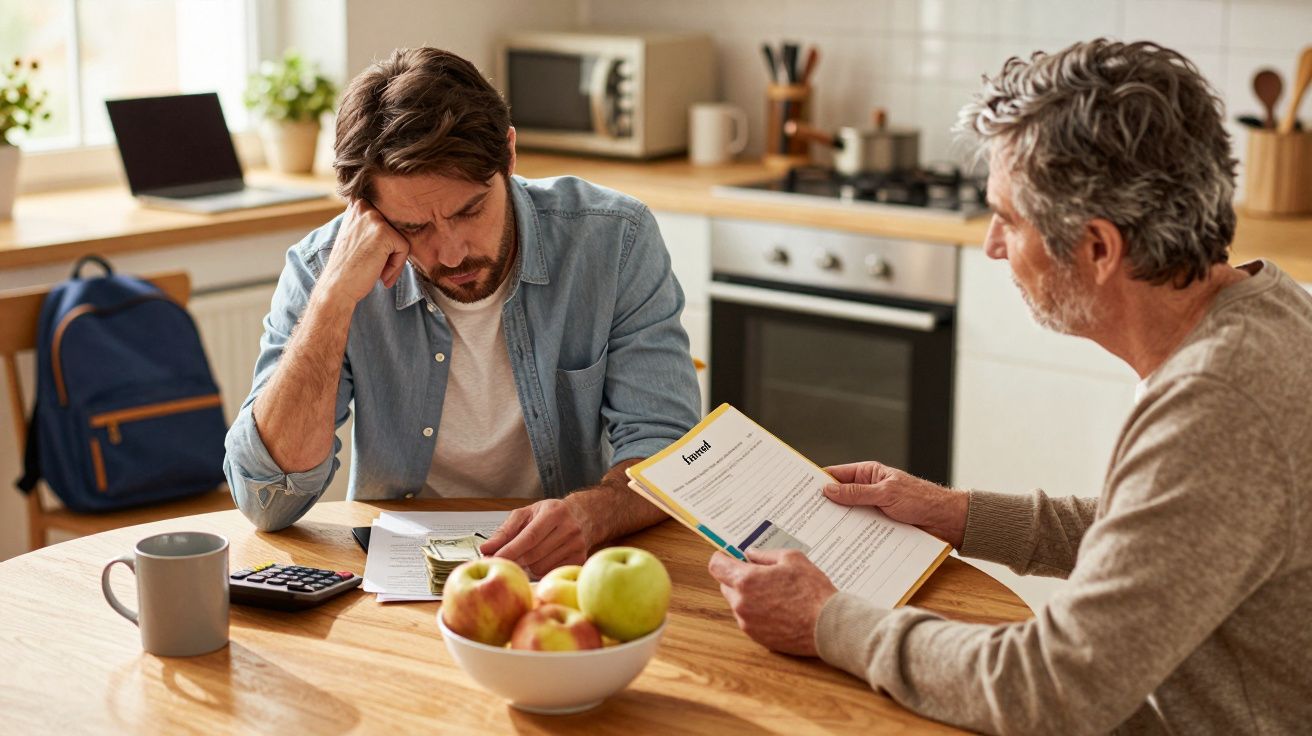 Dwóch mężczyzn przy stole w kuchni przegląda dokumenty, kalkulator i owoce na stole.