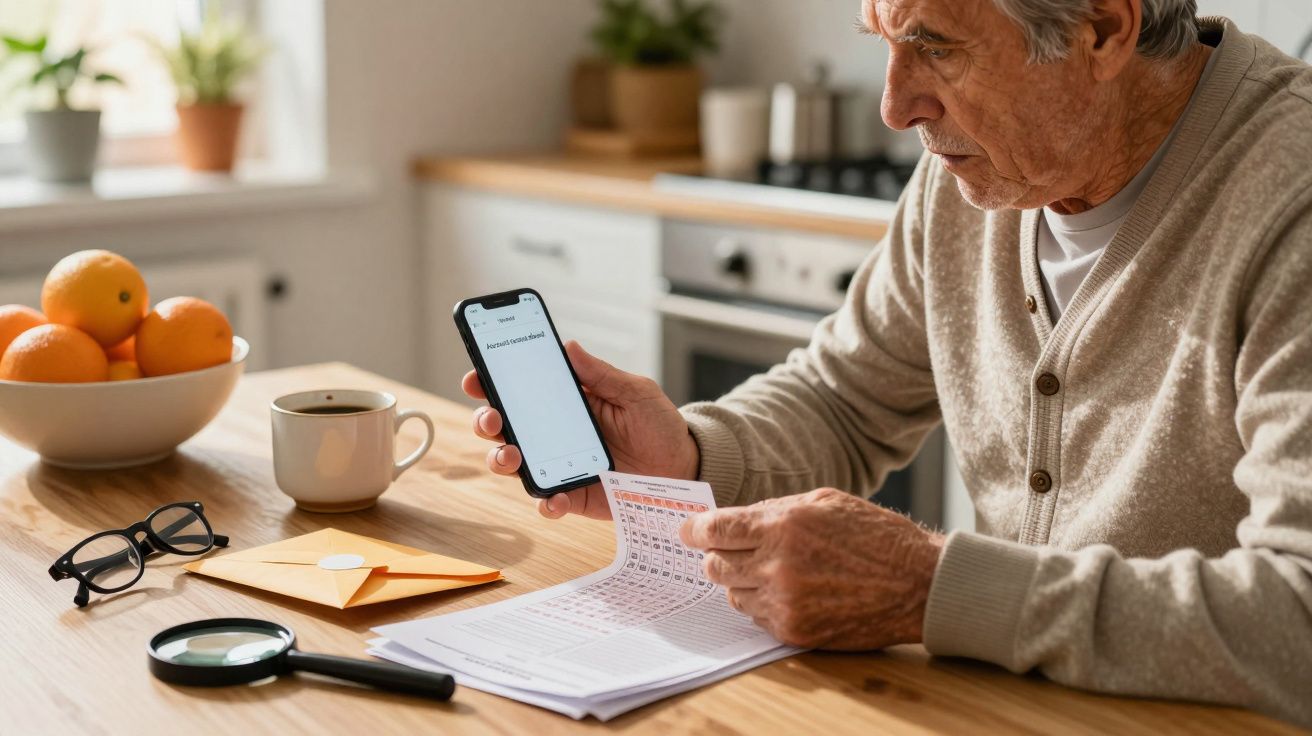 Starszy mężczyzna przy stole, trzyma smartfon i dokumenty. Obok leżą okulary, lupa i filiżanka kawy.