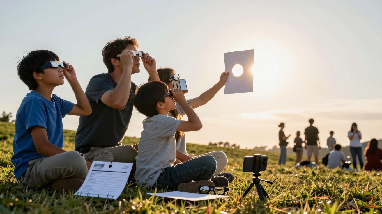 Rodzina obserwuje zaćmienie Słońca przez okulary ochronne, siedząc na trawie w słoneczny dzień.