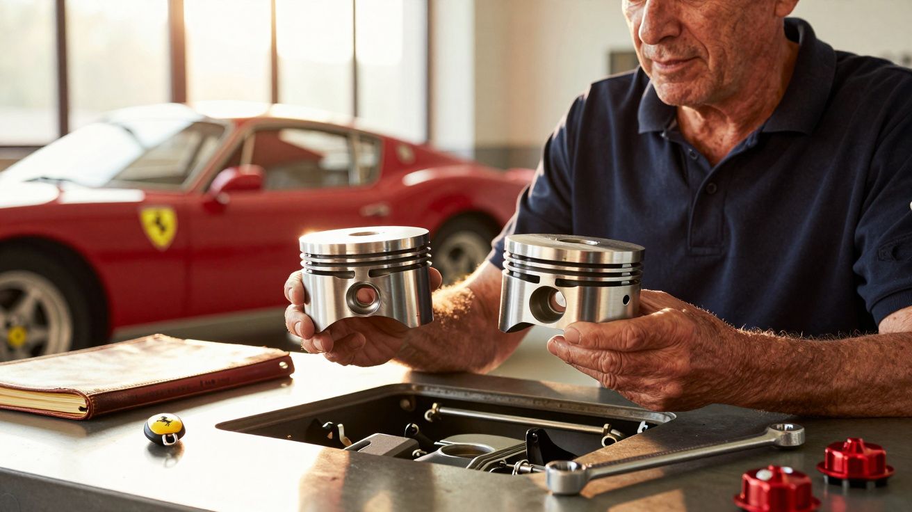Mężczyzna trzyma dwa tłoki w warsztacie, w tle czerwony samochód sportowy.