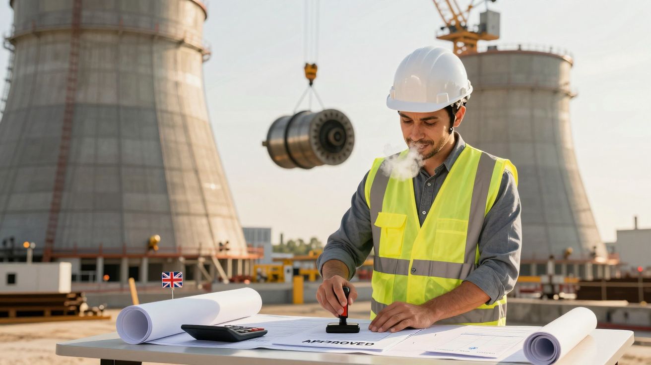 Inżynier w kasku i kamizelce odblaskowej przy biurku na budowie z dźwigiem i wieżami w tle.