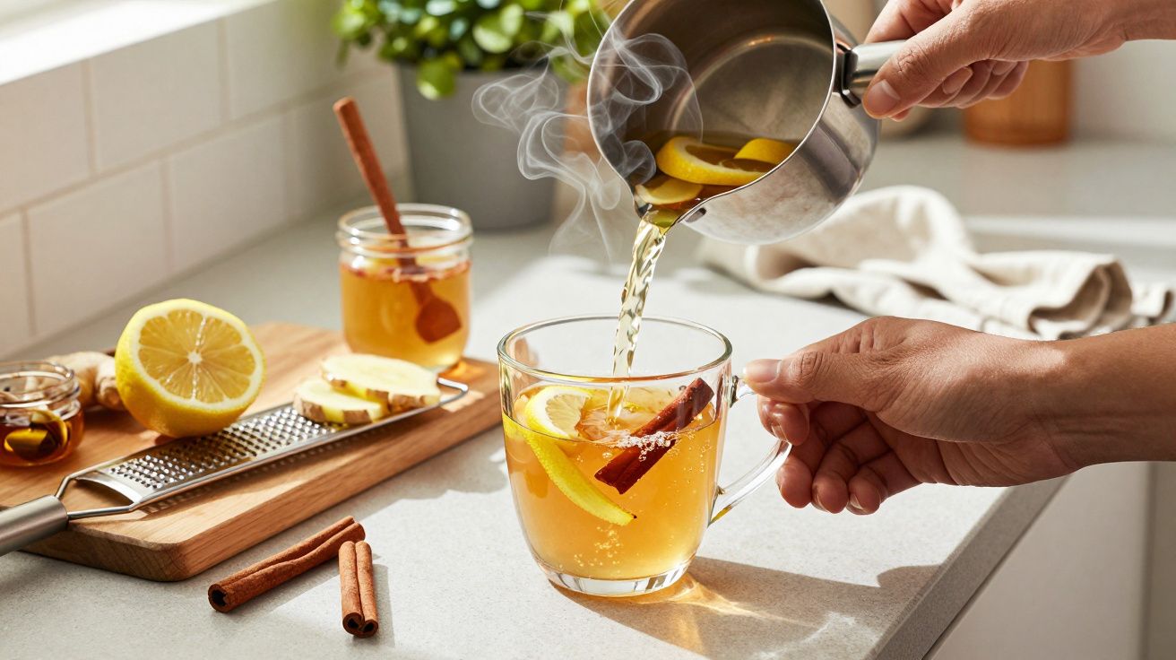 Nalewanie ciepłego napoju z cytryną i cynamonem do szklanki na blacie kuchennym.