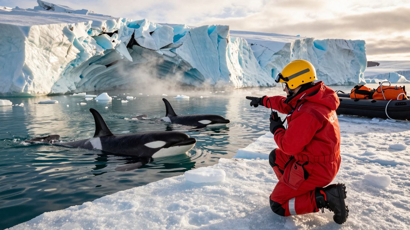 Osoba wskazuje na orki pływające obok lodowca, ubrana w czerwony kombinezon i żółty kask, w tle łódź.