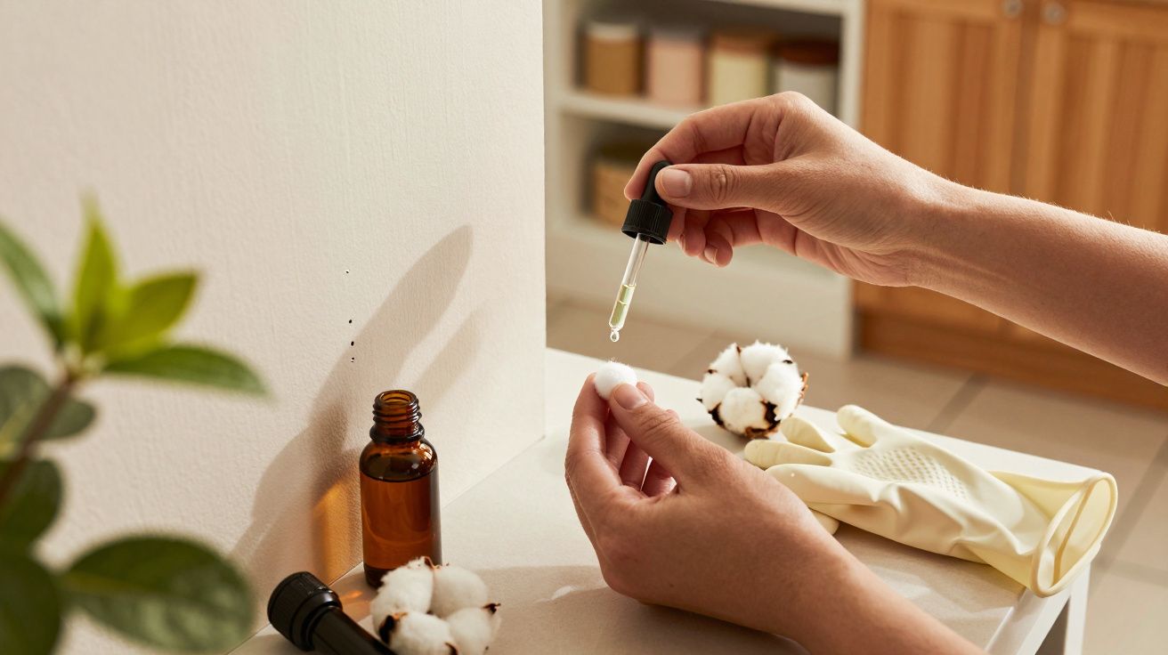 Ręce trzymają pipetę nad otwartą butelką obok waty i gumowych rękawic.