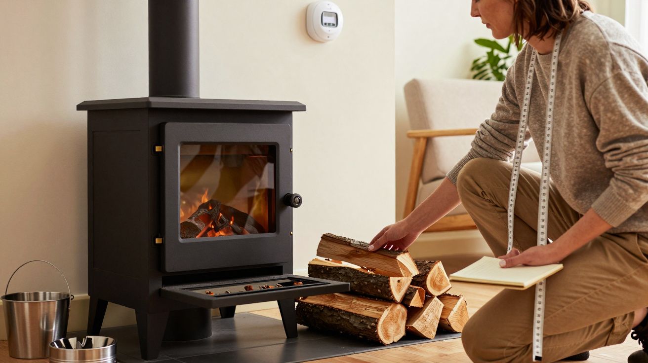 Osoba układa drewno przy piecu na drewno w domowym salonie, obok miarka i notatnik.