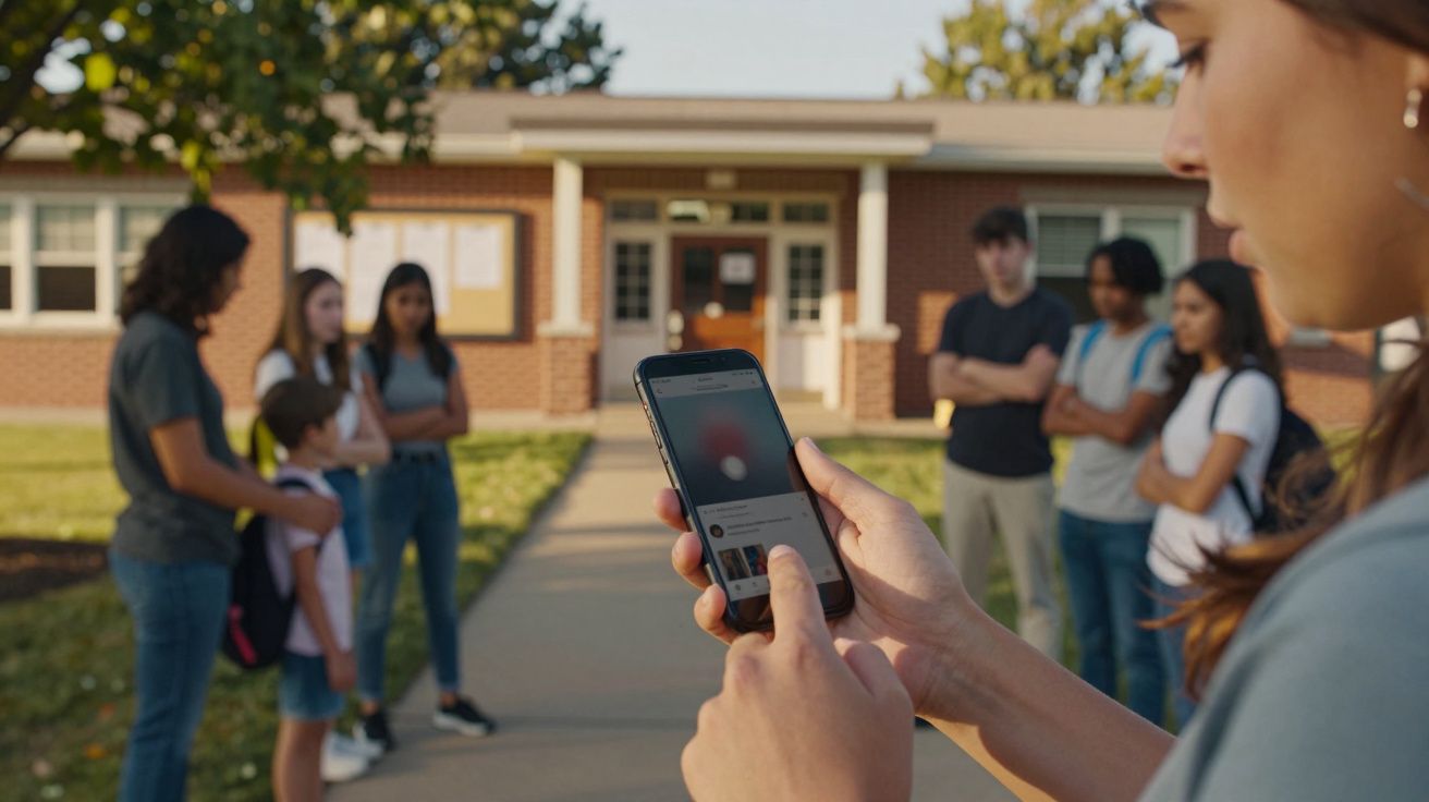 Kobieta korzysta z telefonu przed grupą uczniów stojących przed budynkiem szkoły.