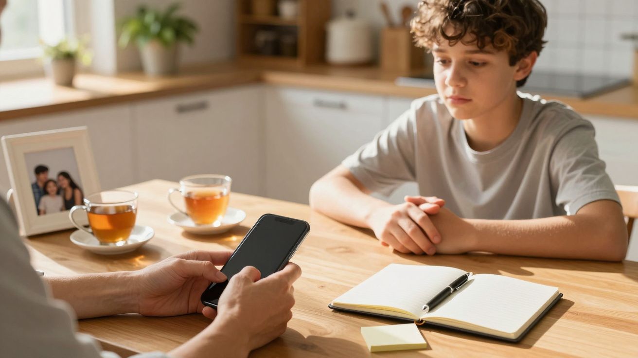 Chłopiec siedzący przy stole patrzy na osobę używającą telefonu. Obok notatnik i filiżanki herbaty.