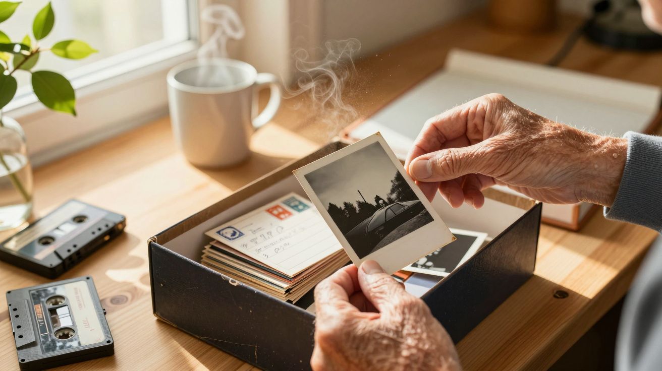 Osoba trzymająca starą fotografię, obok pudełko z pamiątkami i kasetami, na stole kubek z parującą herbatą.