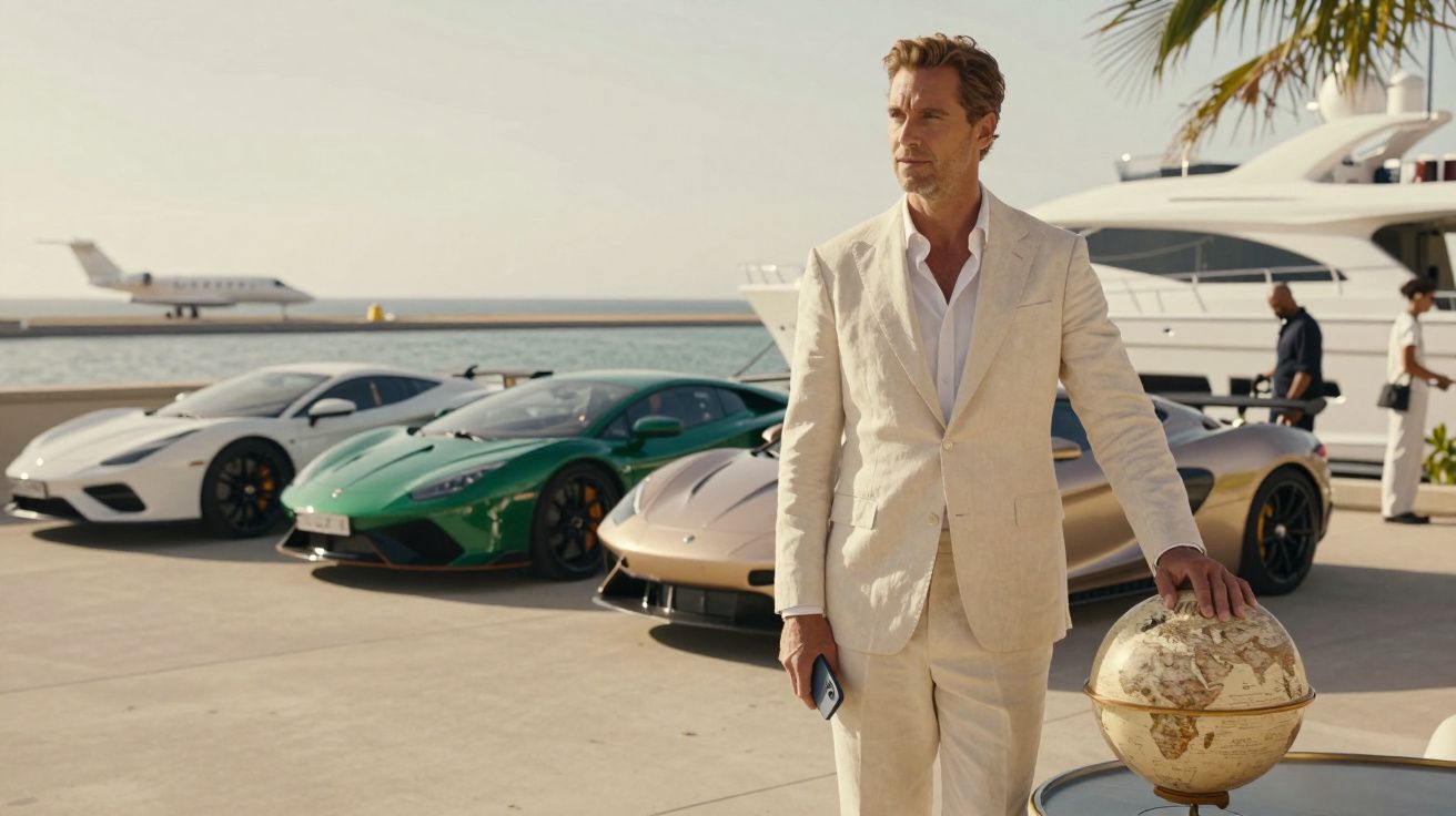 Mężczyzna w garniturze na tle luksusowych samochodów, jachtu i samolotu, trzyma globus na tarasie nad morzem.