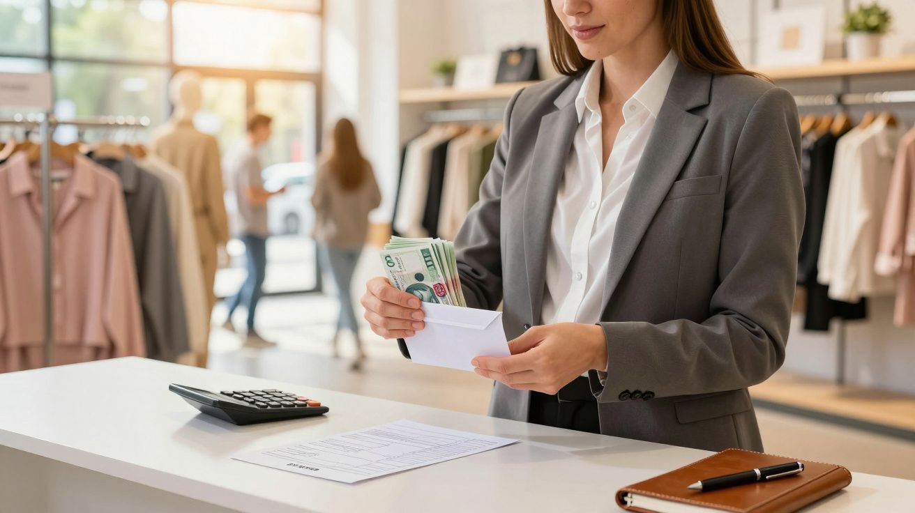 Kobieta w garniturze liczy pieniądze przy kasie w eleganckim butiku.