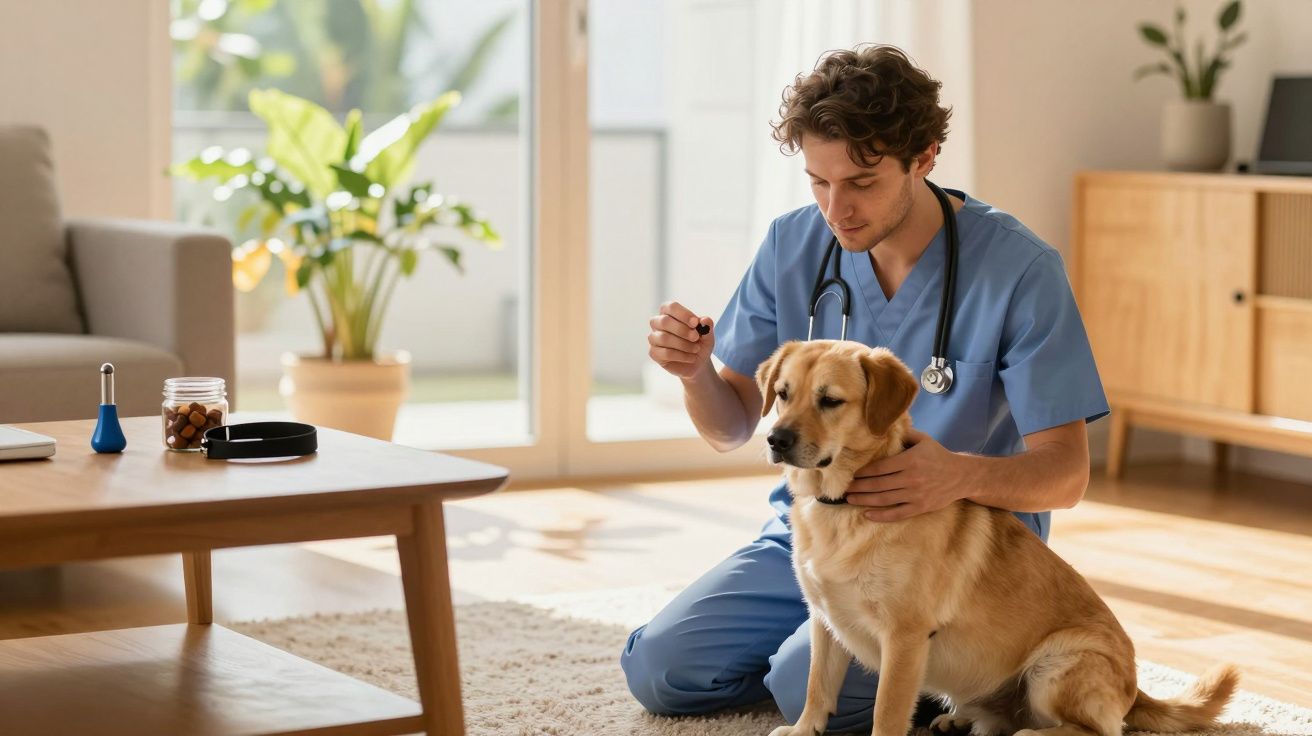 Weterynarz w niebieskim uniformie bada psa w salonie. Na stole miska i słoik z karmą. W tle roślina doniczkowa.